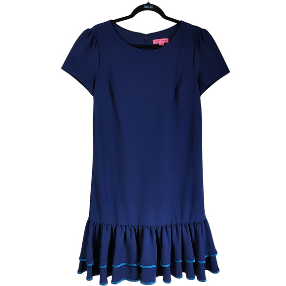 Betsey Johnson Womens Dress Size 10 Navy Blue Ruffle Hem Short Sleeve Tiered - Picture 1 of 11
